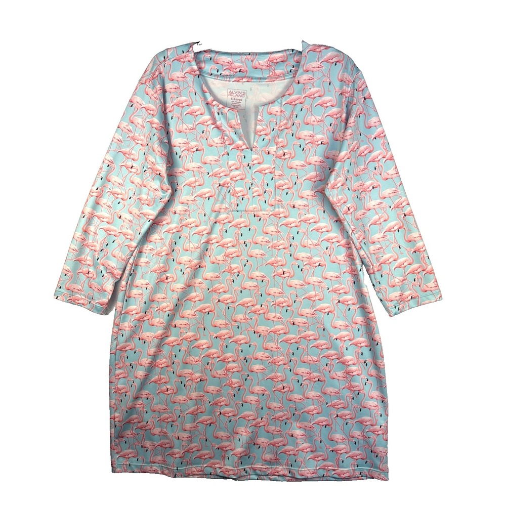 Alvin's Island Pink Blue Flamingo Tunic Dress Spandex Coastal XL‎ Beach